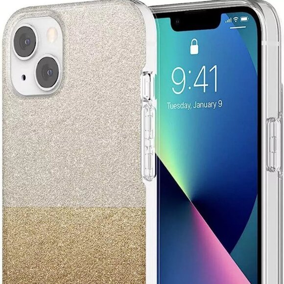New no Box Kate Spade iPhone 13 Case Gold Silver Glitter Three Scraches - Picture 1 of 3